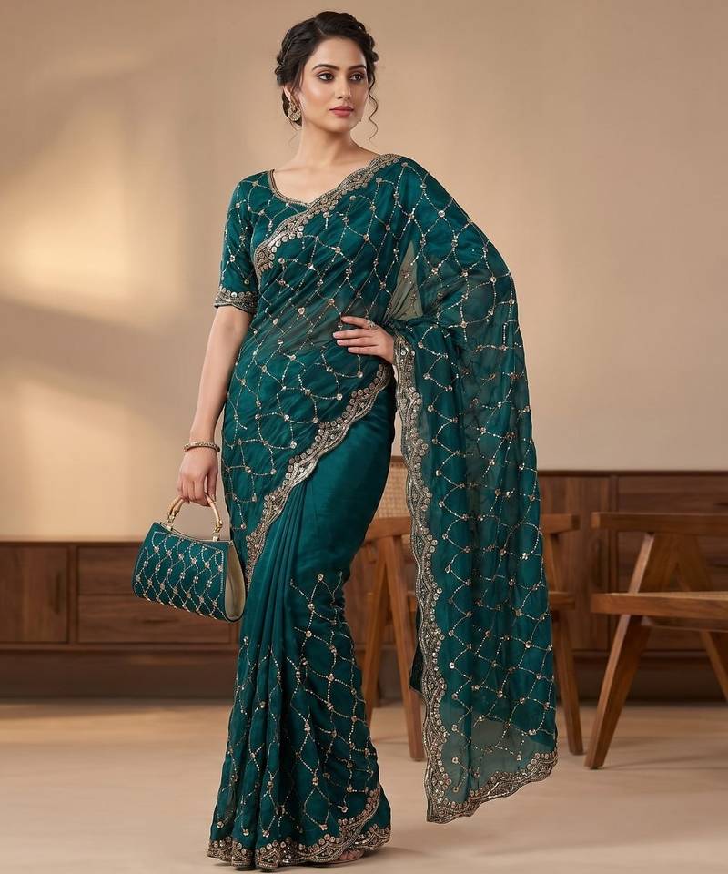 Women's rama silk partywear saree with unstitched blouse