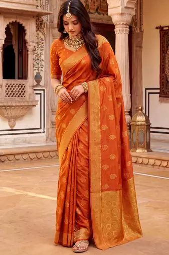 women's red soft silk blend saree with unstitched blouse