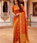 Women's red soft silk banarasi saree with unstitched blouse