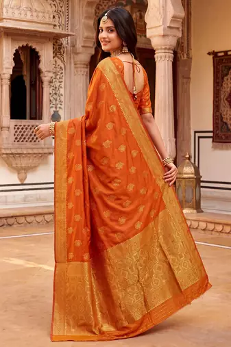 women's red soft silk blend saree with unstitched blouse
