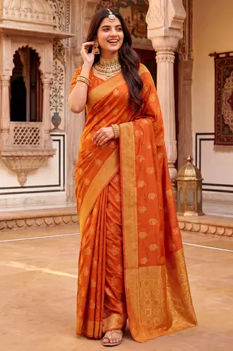 women's red soft silk blend saree with unstitched blouse