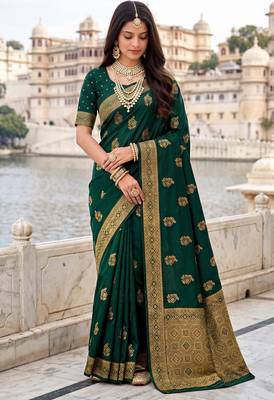 Women's dark green soft silk banarasi saree with unstitched blouse 1