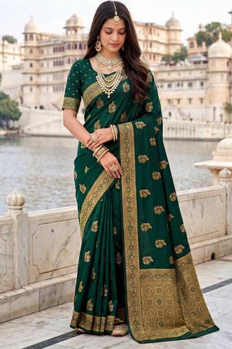 Women's dark green soft silk banarasi saree with unstitched blouse