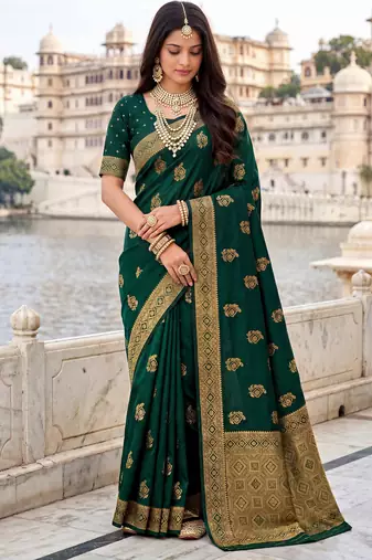 women's dark green soft silk blend saree with unstitched blouse