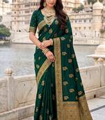 Women's dark green soft silk banarasi saree with unstitched blouse