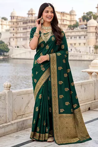 women's dark green soft silk blend saree with unstitched blouse