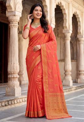 Women's peach soft silk banarasi saree with unstitched blouse 1