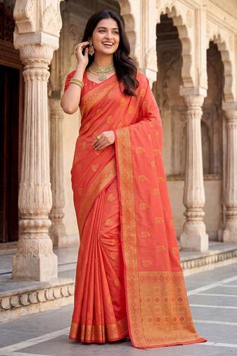 Women's peach soft silk banarasi saree with unstitched blouse
