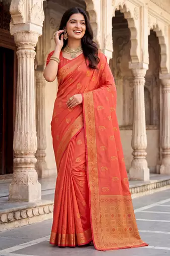 women's peach soft silk blend saree with unstitched blouse