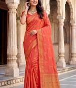Women's peach soft silk banarasi saree with unstitched blouse