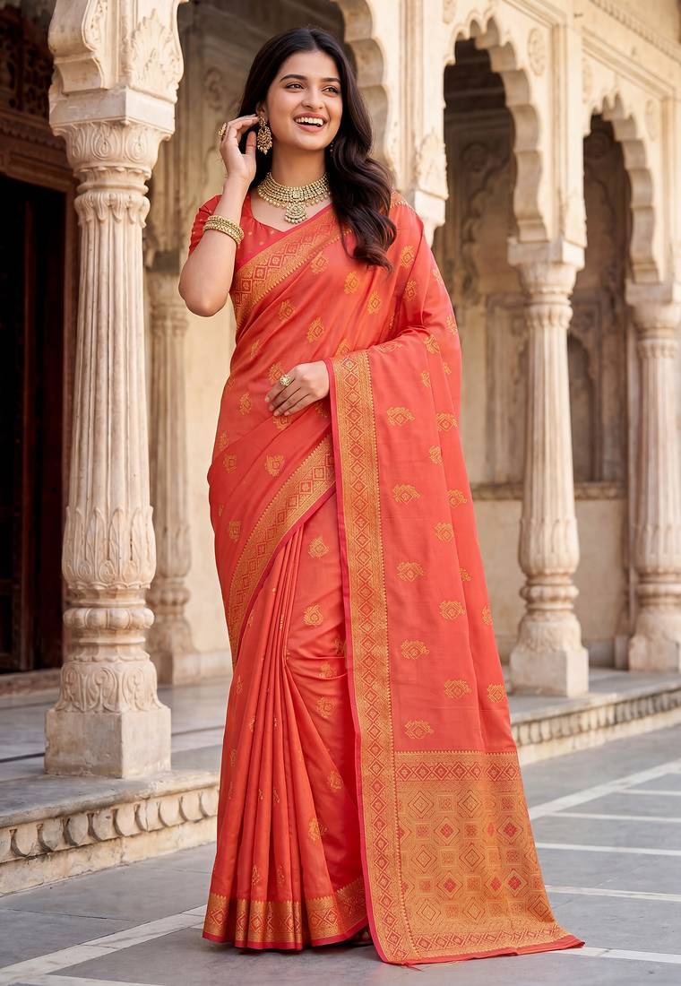 Women's peach soft silk banarasi saree with unstitched blouse