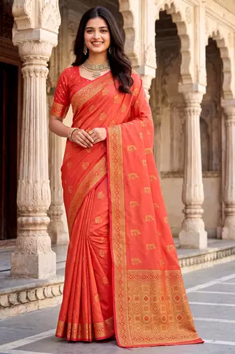 women's peach soft silk blend saree with unstitched blouse
