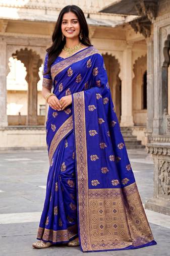 women's royal blue soft silk blend saree with unstitched blouse