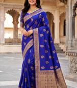 Women's royal blue soft silk banarasi saree with unstitched blouse