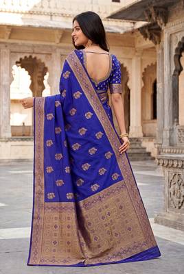 Women's royal blue soft silk banarasi saree with unstitched blouse 3