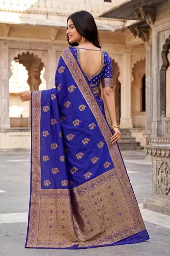 women's royal blue soft silk blend saree with unstitched blouse
