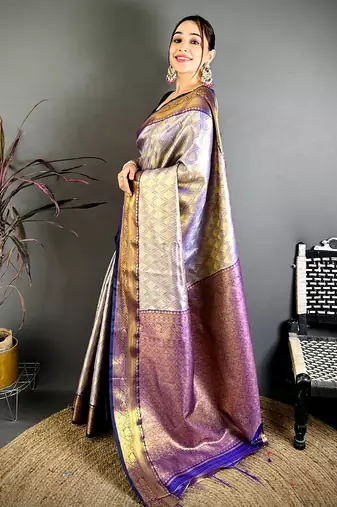 women's navy blue soft silk blend saree with unstitched blouse