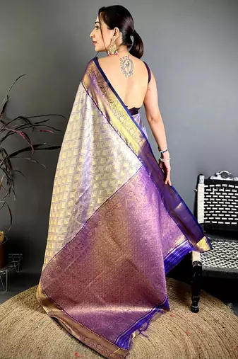 women's navy blue soft silk blend saree with unstitched blouse