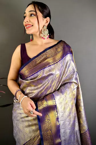 women's navy blue soft silk blend saree with unstitched blouse