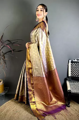 women's purple soft silk blend saree with unstitched blouse