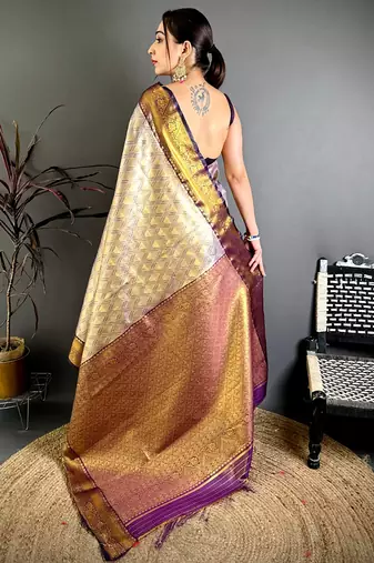 women's purple soft silk blend saree with unstitched blouse