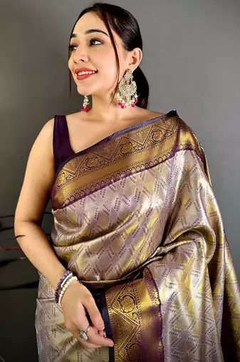 women's purple soft silk blend saree with unstitched blouse