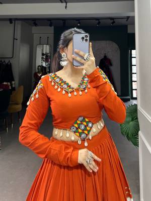 Orange & White Pure Rayon Traditional Gamthi Patch Work With Gota Patti Touch-Up Chaniya Choli (Free Size Stitched) 6