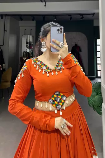 Orange & White Pure Rayon Traditional Gamthi Patch Work With Gota Patti Touch-Up Chaniya Choli (Free Size Stitched)