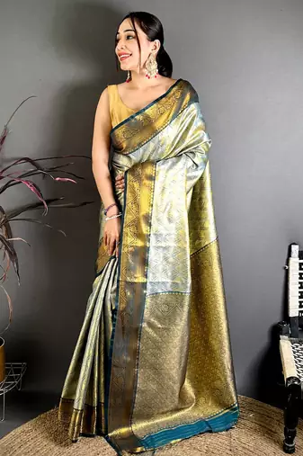 women's sea green soft silk blend saree with unstitched blouse