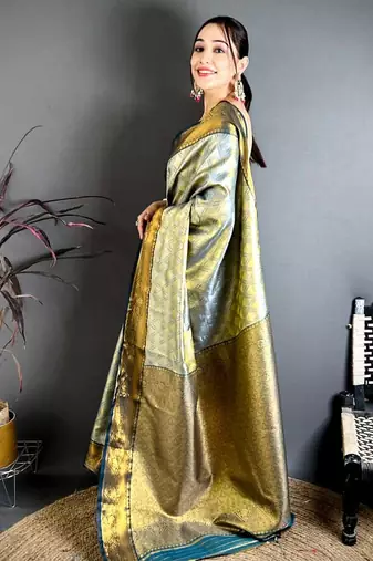 women's sea green soft silk blend saree with unstitched blouse