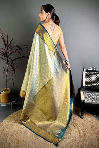 women's sea green soft silk blend saree with unstitched blouse