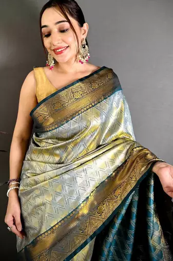 women's sea green soft silk blend saree with unstitched blouse