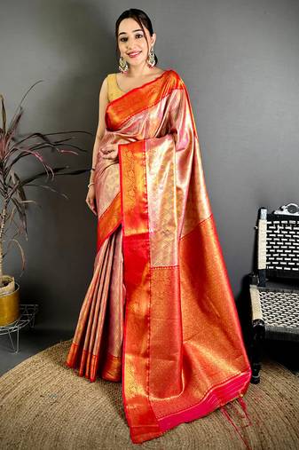 Women's red soft silk leheriya saree with unstitched blouse