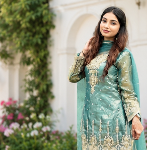sea green embroidery sequin cording work and mirror handwork silk blend kurti palazzo set