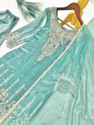 sea green color embroidery sequin cording work and real mirror handwork silk blend kurti palazzo set 2