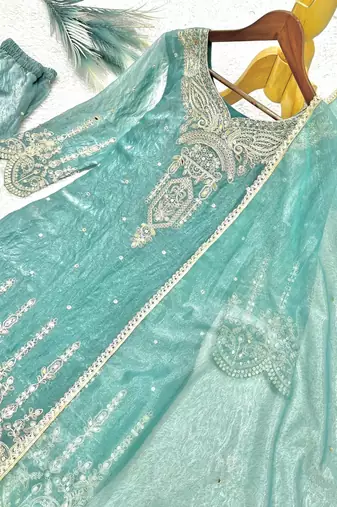 sea green color embroidery sequin cording work and real mirror handwork silk blend kurti palazzo set