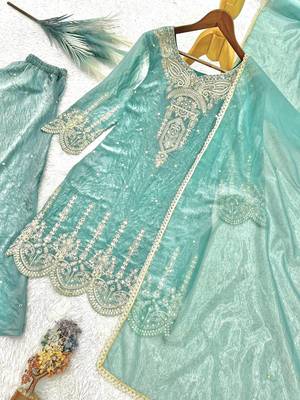 sea green color embroidery sequin cording work and real mirror handwork silk blend kurti palazzo set 3