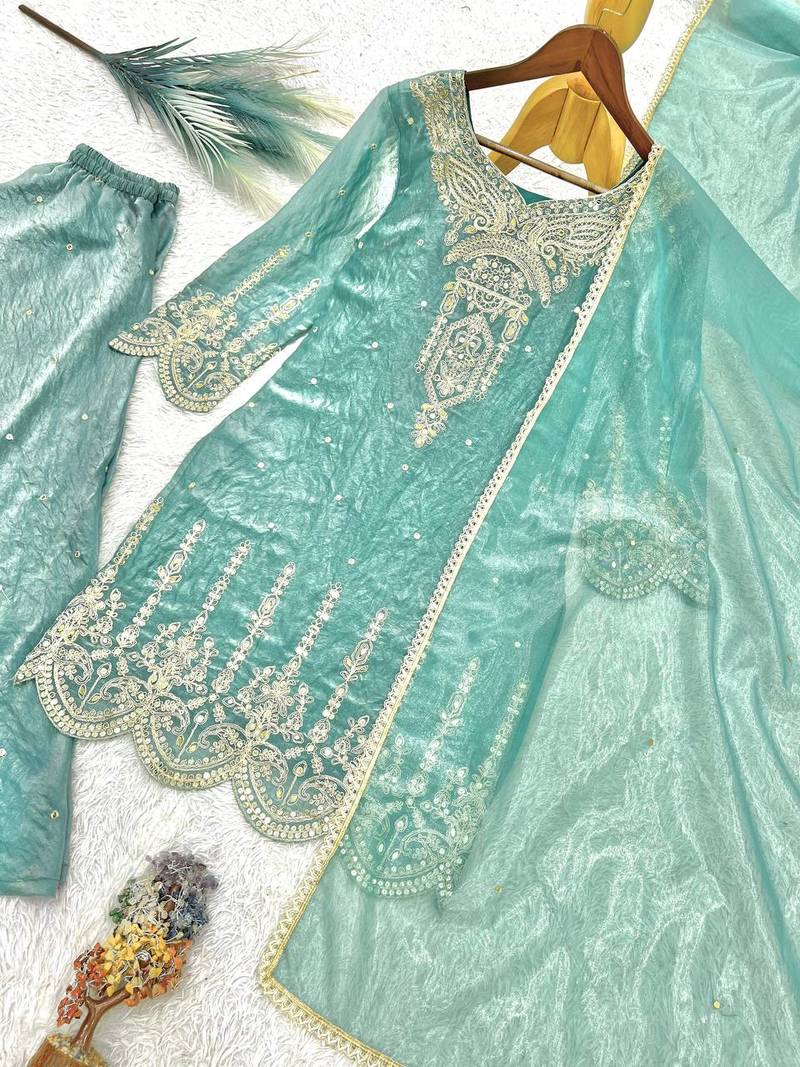 sea green color embroidery sequin cording work and real mirror handwork silk blend kurti palazzo set