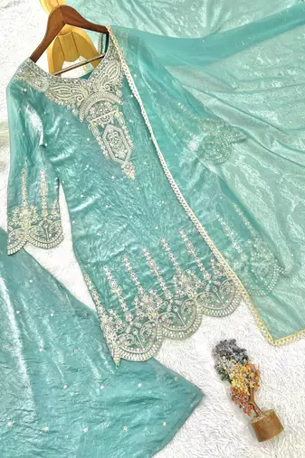 sea green color embroidery sequin cording work and real mirror handwork silk blend kurti palazzo set
