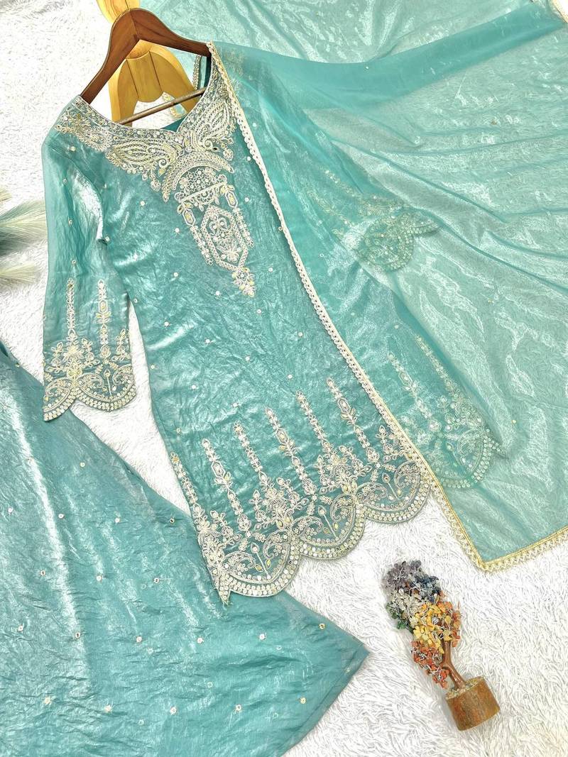 sea green color embroidery sequin cording work and real mirror handwork silk blend kurti palazzo set
