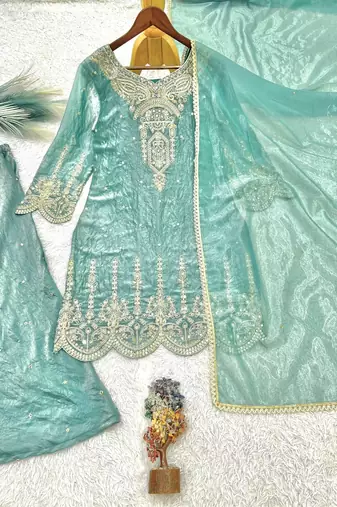 sea green color embroidery sequin cording work and real mirror handwork silk blend kurti palazzo set