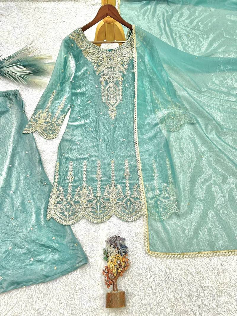 sea green color embroidery sequin cording work and real mirror handwork silk blend kurti palazzo set