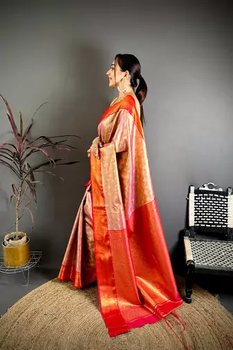 women's red soft silk blend saree with unstitched blouse