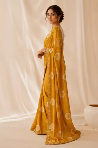 Orange floral chiffon ethnic saree