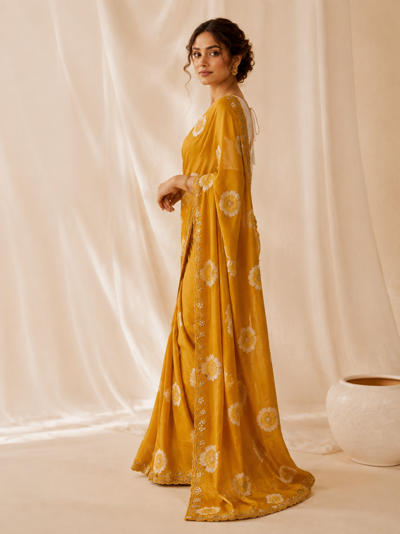 Orange floral chiffon ethnic saree