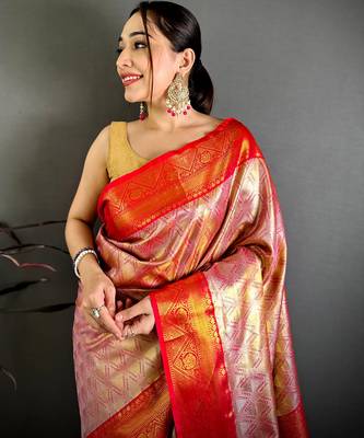 Women's red soft silk leheriya saree with unstitched blouse 4