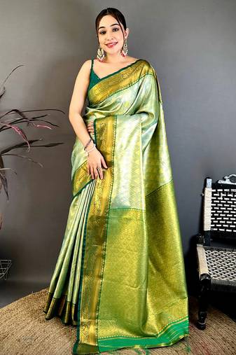 women's light green soft silk blend saree with unstitched blouse
