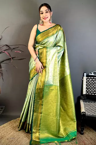 women's light green soft silk blend saree with unstitched blouse