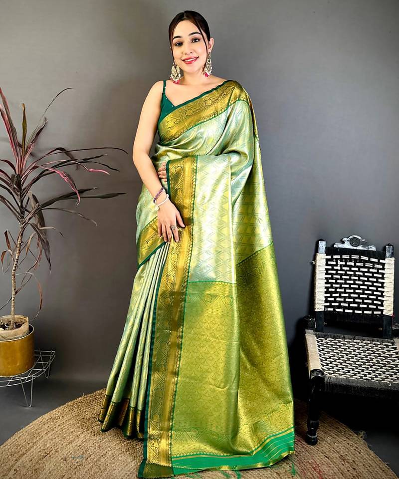 Women's light green soft silk leheriya saree with unstitched blouse