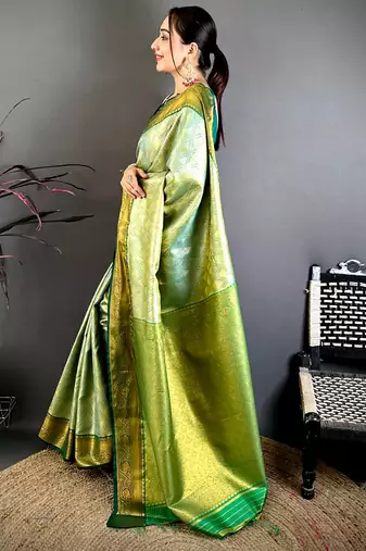 women's light green soft silk blend saree with unstitched blouse